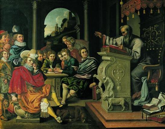 Painting depicting a rhetorics lecture in a knight academy, painted by Pieter Isaacsz (1569-1625) or Reinhold Timm (d. 1639) for Rosenborg Castle, Copenhagen, Denmark.  